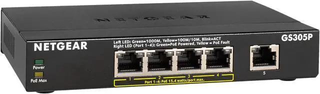 Alt view image 2 of 8 - NETGEAR 5-Port Gigabit Ethernet Unmanaged Switch, Desktop, 55.5W 4xPoE, Sturdy Metal, Fanless, Plug-and-Play (GS305P)