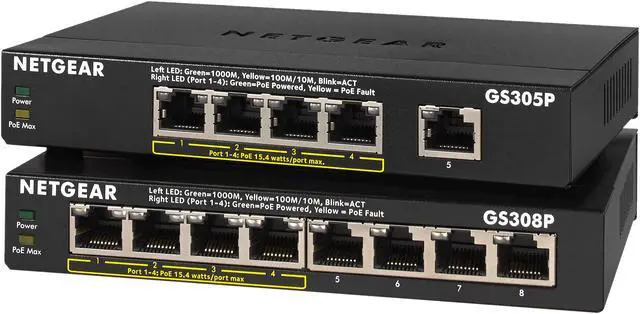Alt view image 7 of 8 - NETGEAR 5-Port Gigabit Ethernet Unmanaged Switch, Desktop, 55.5W 4xPoE, Sturdy Metal, Fanless, Plug-and-Play (GS305P)