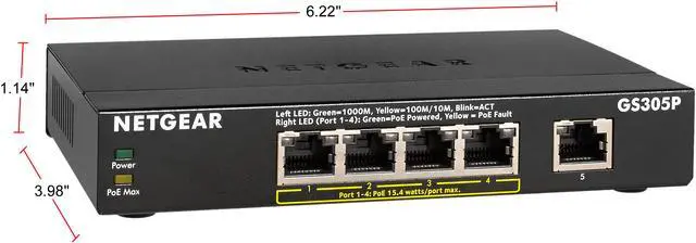 Alt view image 3 of 8 - NETGEAR 5-Port Gigabit Ethernet Unmanaged Switch, Desktop, 55.5W 4xPoE, Sturdy Metal, Fanless, Plug-and-Play (GS305P)