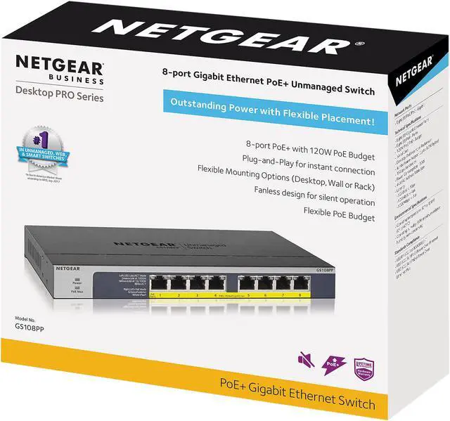 Alt view image 6 of 6 - NETGEAR 8-Port Gigabit Ethernet High-power PoE+ Unmanaged Switch with FlexPoE (123W) | GS108PP
