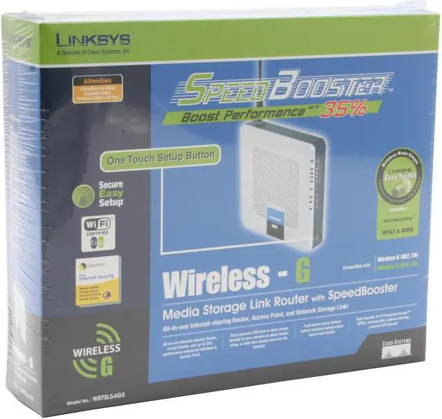 Alt view image 6 of 6 - Linksys WRTSL54GS Wireless-G Media Storage Link Router with SpeedBooster IEEE 802.11b, 802.11g, 802.3, 802.3u, USB 1.0, USB 2.0