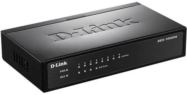 Main image of D-Link 8-Port Fast Ethernet PoE Unmanaged/ Plug and Play Switch | 4 PoE Ports, 58W PoE Budget | Metal Compact Desktop Switch - (DES-1008PA)