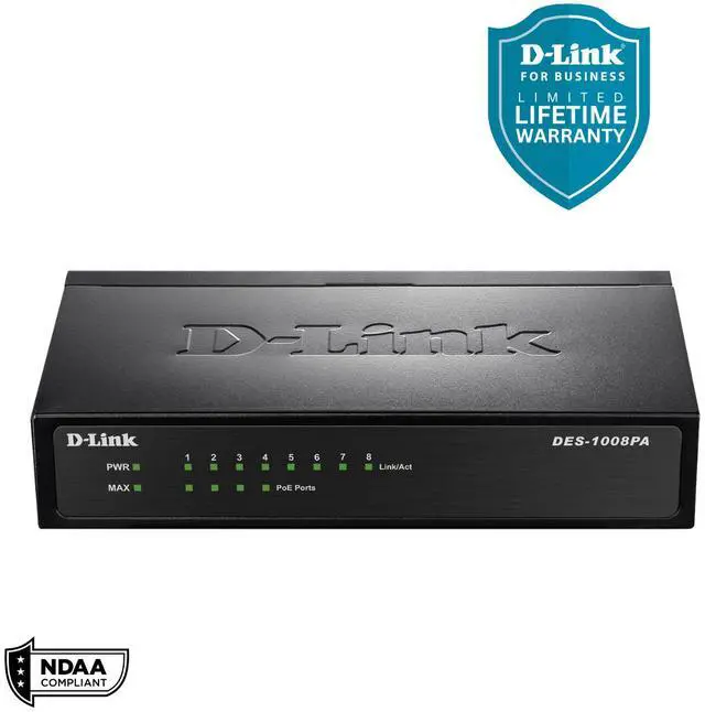 Alt view image 4 of 8 - D-Link 8-Port Fast Ethernet PoE Unmanaged/ Plug and Play Switch | 4 PoE Ports, 58W PoE Budget | Metal Compact Desktop Switch - (DES-1008PA)
