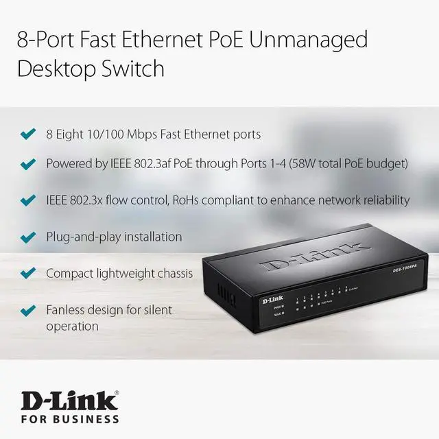 Alt view image 5 of 8 - D-Link 8-Port Fast Ethernet PoE Unmanaged/ Plug and Play Switch | 4 PoE Ports, 58W PoE Budget | Metal Compact Desktop Switch - (DES-1008PA)