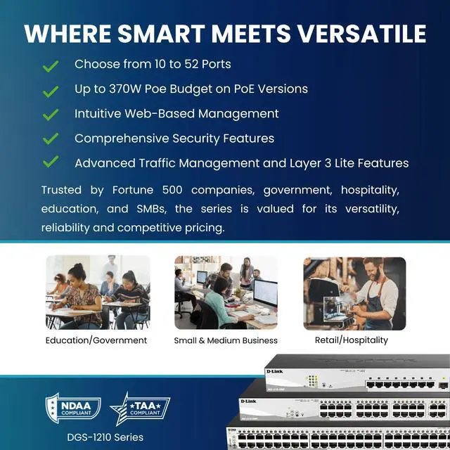Alt view image 10 of 13 - D-Link 10-Port Gigabit Smart Managed PoE+ Switch | 8 PoE+ Ports (65W) + 2 Optical SFP Ports | L3 Lite | NDAA/TAA Compliant (DGS-1210-10P)