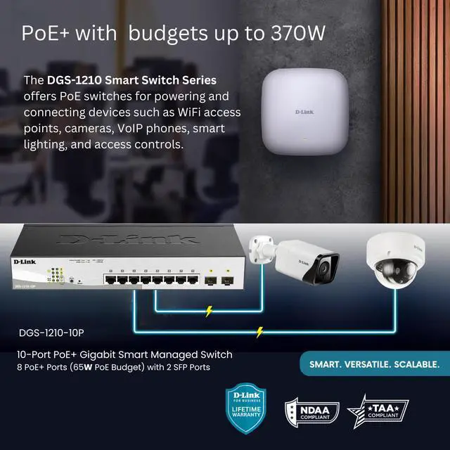 Alt view image 12 of 13 - D-Link 10-Port Gigabit Smart Managed PoE+ Switch | 8 PoE+ Ports (65W) + 2 Optical SFP Ports | L3 Lite | NDAA/TAA Compliant (DGS-1210-10P)