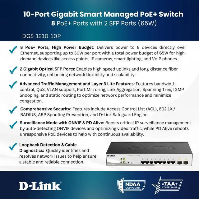 Alt view image 13 of 13 - D-Link 10-Port Gigabit Smart Managed PoE+ Switch | 8 PoE+ Ports (65W) + 2 Optical SFP Ports | L3 Lite | NDAA/TAA Compliant (DGS-1210-10P)