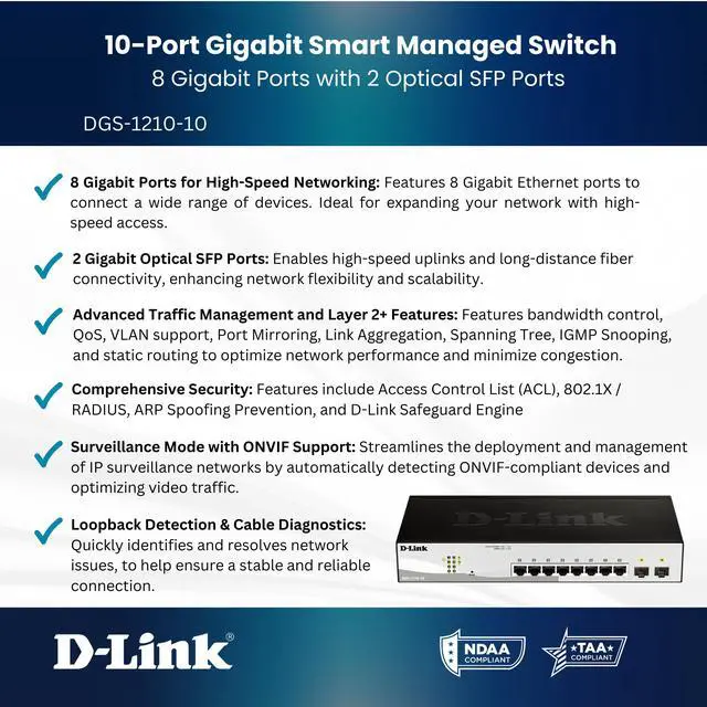 Alt view image 11 of 12 - D-Link 10-Port Gigabit Smart Managed Switch | 8 GbE + 2 Optical SFP Ports | L3 Lite | Surveillance Mode | NDAA/TAA Compliant (DGS-1210-10)