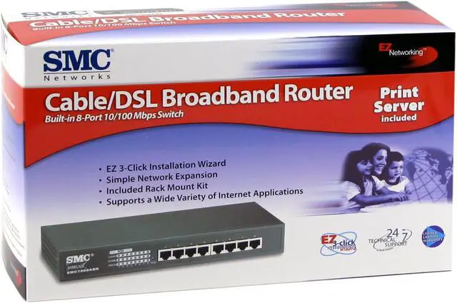 Alt view image 4 of 4 - SMC LG-ERICSSON SMC7008ABR Cable/DSL Broadband Router 1 x 10/100 Mbps WAN port 1 RS-232 DB-9 connector for ISDN or external dial-up modem WAN Ports 8 x 10/100Mbps LAN Ports