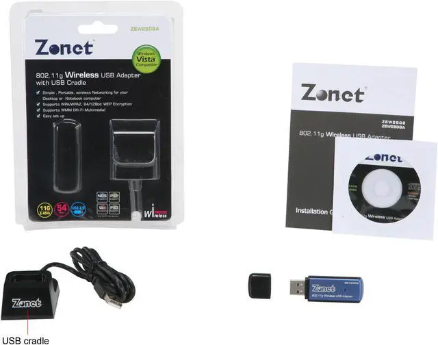 Alt view image 5 of 5 - Zonet ZEW2508A Wireless Adapter w/ USB Cradle IEEE 802.11b/g USB 2.0 Up to 54Mbps Wireless Data Rates