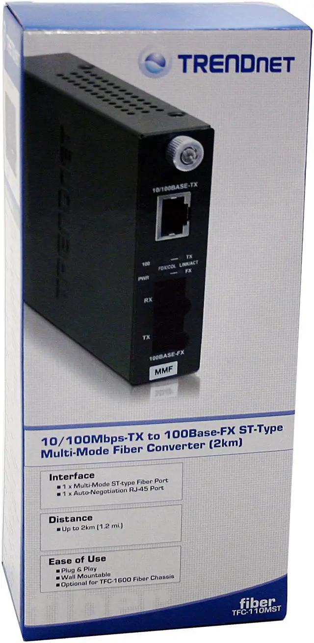 Alt view image 5 of 5 - TRENDnet 100Base-TX to 100Base-FX Multi Mode ST Fiber Media Converter, 2km (1.2 Miles), Auto-Negotiation, Auto-MDIX, Full-Duplex, Fiber to Ethernet Converter, Black, TFC-110MST