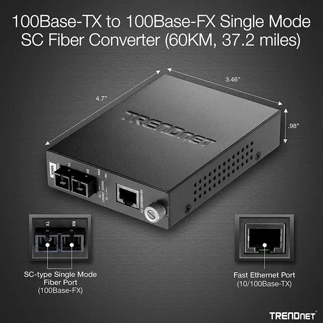 Alt view image 3 of 4 - TRENDnet 100Base-TX to 100Base-FX Single Mode SC Fiber Media Converter (60 Km, 37.3 Miles), Auto-Negotiation, Full Duplex, RJ-45 port, Fiber to Ethernet Converter, Lifetime Protection, TFC-110S60