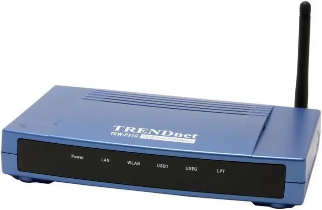 Main image of TRENDnet TEW-P21G Wireless 3-Port Print Server 802.11b / g, RJ45 1x Parallel DB25 (Female) Port.
2 x USB 2.0, 1.1 Compliant USB Type A Port.