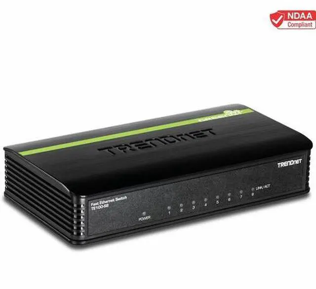 Main image of TRENDnet 8-Port Unmanaged 10/100 Mbps GREENnet Ethernet Desktop Switch, TE100-S8, 8 x 10/100 Mbps Ethernet Ports, 1.6 Gbps Switching Capacity, Plastic Housing, Network Ethernet Switch, Plug & Play