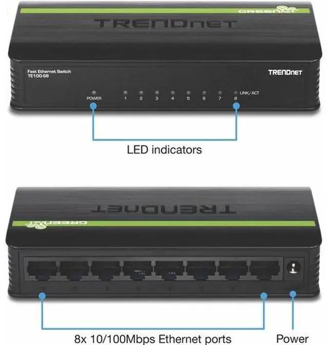 Alt view image 2 of 5 - TRENDnet 8-Port Unmanaged 10/100 Mbps GREENnet Ethernet Desktop Switch, TE100-S8, 8 x 10/100 Mbps Ethernet Ports, 1.6 Gbps Switching Capacity, Plastic Housing, Network Ethernet Switch, Plug & Play