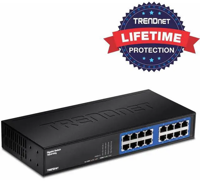 Main image of TRENDnet 6-Port Unmanaged Gigabit GREENnet Desktop Metal Switch, Ethernet-Network Switch, 16 x 10-100-1000 RJ-45 Ports, 32 Gbps Forwarding Capacity, Lifetime Protection, Black, TEG-S16DG