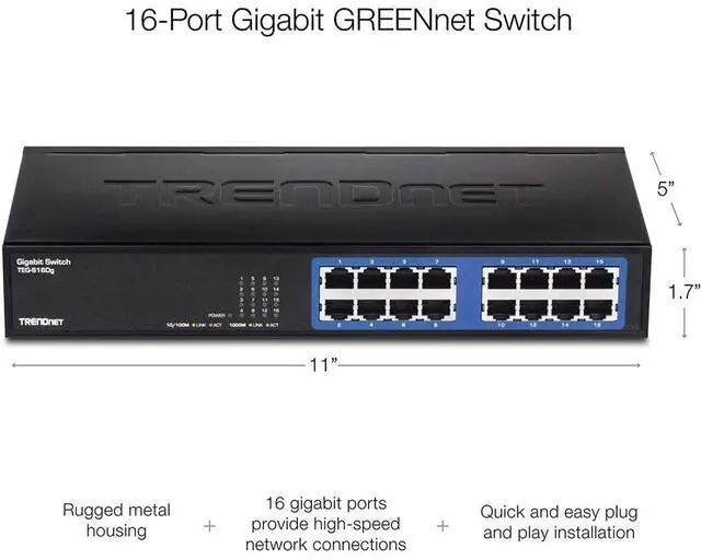 Alt view image 6 of 8 - TRENDnet 6-Port Unmanaged Gigabit GREENnet Desktop Metal Switch, Ethernet-Network Switch, 16 x 10-100-1000 RJ-45 Ports, 32 Gbps Forwarding Capacity, Lifetime Protection, Black, TEG-S16DG