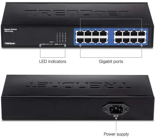 Alt view image 7 of 8 - TRENDnet 6-Port Unmanaged Gigabit GREENnet Desktop Metal Switch, Ethernet-Network Switch, 16 x 10-100-1000 RJ-45 Ports, 32 Gbps Forwarding Capacity, Lifetime Protection, Black, TEG-S16DG