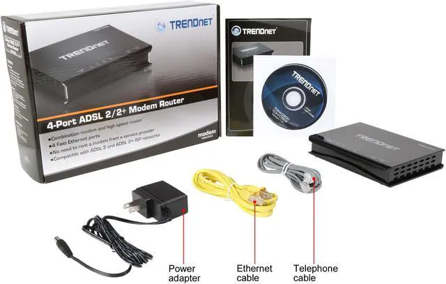 Alt view image 4 of 4 - TRENDnet TDM-C504 4-Port ADSL 2/2+ Modem Router 1 x RJ11 WAN Ports 4 x 10/100Mbps LAN Ports