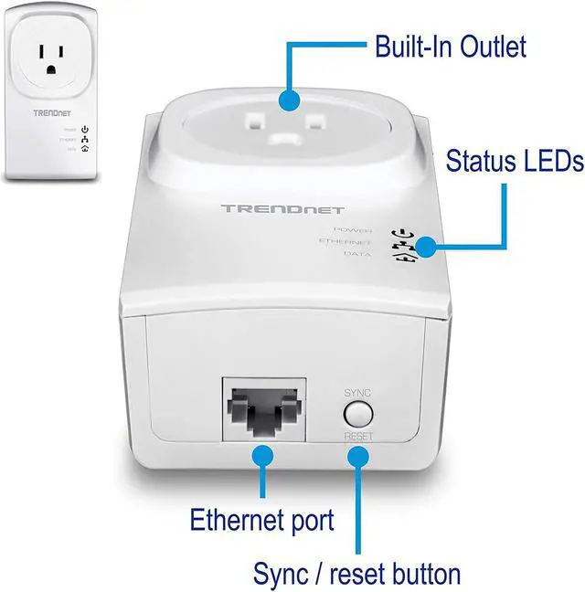 Alt view image 3 of 9 - TRENDnet Powerline 500 AV Nano Adapter Kit With Built-In Outlet, Power Outlet Pass-Through, Includes 2 x TPL-407E Adapters, Plug & Play, Ideal For Smart TVs, Gaming, White, TPL-407E2K