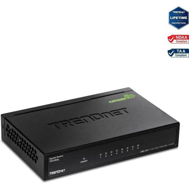 Main image of TRENDnet 8-Port Gigabit GREENnet Switch, Ethernet Network Switch, 8 x 10-100-1000 Mbps Gigabit Ethernet Ports, 16 Gbps Switching Capacity, Metal, Lifetime Protection, Black, TEG-S82G