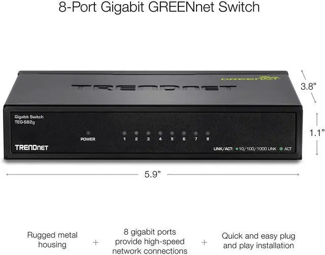 Alt view image 7 of 9 - TRENDnet 8-Port Gigabit GREENnet Switch, Ethernet Network Switch, 8 x 10-100-1000 Mbps Gigabit Ethernet Ports, 16 Gbps Switching Capacity, Metal, Lifetime Protection, Black, TEG-S82G