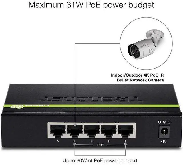 Alt view image 5 of 7 - TRENDnet 5-Port Gigabit PoE+ Switch, 31 W PoE Budget, 10 Gbps Switching Capacity, Data & Power Through Ethernet To PoE Access Points And IP Cameras, Full & Half Duplex, Black, TPE-TG50G