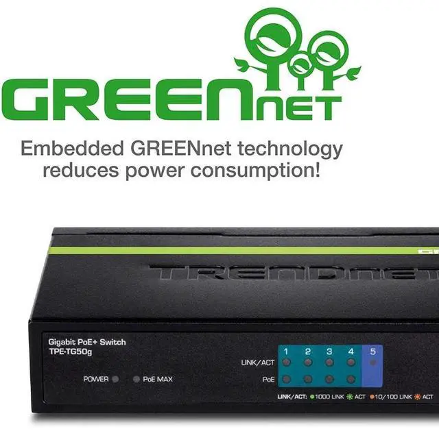 Alt view image 6 of 7 - TRENDnet 5-Port Gigabit PoE+ Switch, 31 W PoE Budget, 10 Gbps Switching Capacity, Data & Power Through Ethernet To PoE Access Points And IP Cameras, Full & Half Duplex, Black, TPE-TG50G