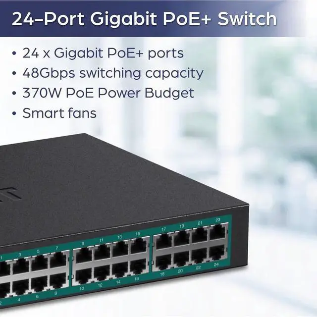 Alt view image 4 of 7 - TRENDnet 24-Port Gigabit PoE+ Switch, 24 x Gigabit PoE+ Ports, 370W Power Budget, 48Gbps Switch Capacity, RackMount Kit Included, Ethernet Network Switch, Metal, Lifetime Protection, Black, TPE-TG240G