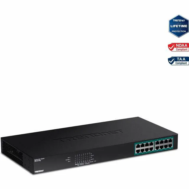 Main image of TRENDnet 16-Port Gigabit PoE+ Switch, 16 x Gigabit PoE+ Ports, 246W PoE Power Budget, 32 Gbps Switching Capacity, Desktop Switch, Ethernet Network Switch, Metal, Lifetime Protection, Black, TPE-TG160g