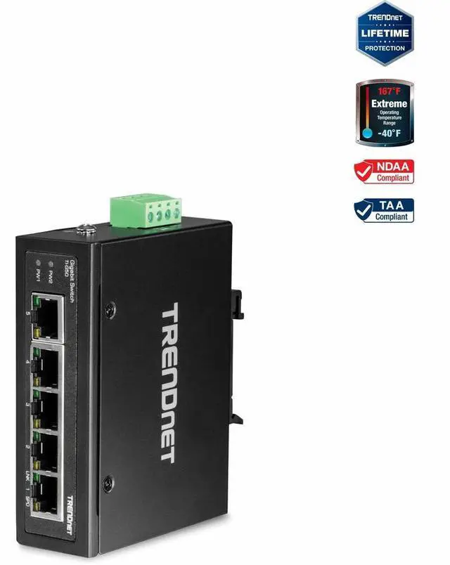 Main image of TRENDnet 5-Port Hardened Industrial Gigabit DIN-Rail Switch, TI-G50, 10 Gbps, IP50 Rated, Ethernet Splitter, NDAA & TAA Compliant, DIN-Rail and Wall Mounts Included, Lifetime Protection, Black