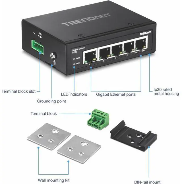 Alt view image 6 of 6 - TRENDnet 5-Port Hardened Industrial Gigabit DIN-Rail Switch, TI-G50, 10 Gbps, IP50 Rated, Ethernet Splitter, NDAA & TAA Compliant, DIN-Rail and Wall Mounts Included, Lifetime Protection, Black