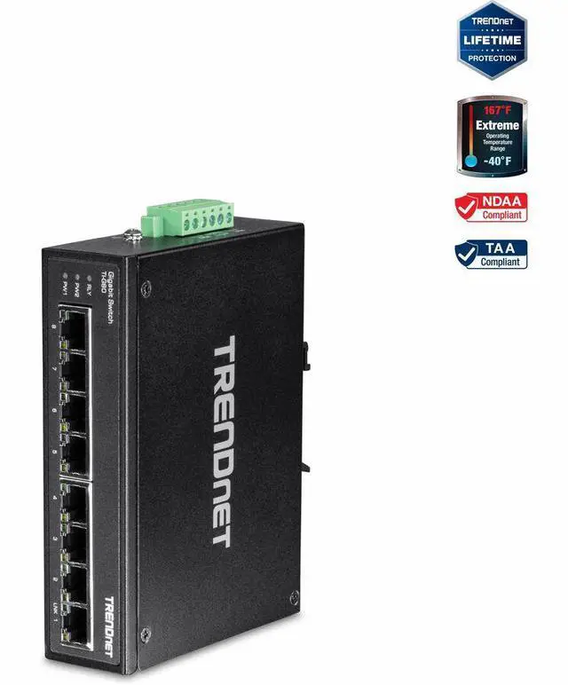 Main image of TRENDnet 8-Port Hardened Industrial Gigabit DIN-Rail Switch, TI-G80, 16 Gbps Switching Capacity, IP30 Rated, Ethernet Splitter, NDAA & TAA Compliant, Lifetime Protection, Black