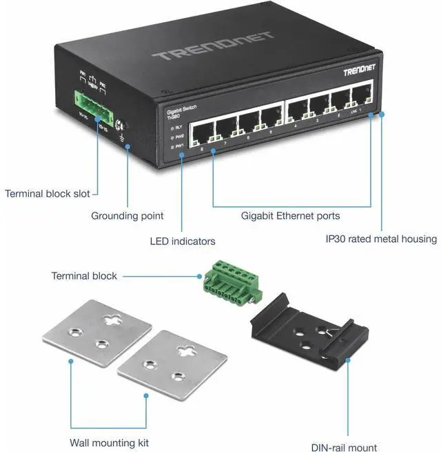 Alt view image 4 of 4 - TRENDnet 8-Port Hardened Industrial Gigabit DIN-Rail Switch, TI-G80, 16 Gbps Switching Capacity, IP30 Rated, Ethernet Splitter, NDAA & TAA Compliant, Lifetime Protection, Black