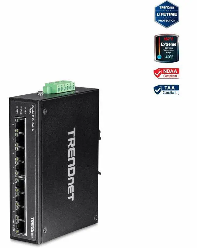 Main image of TRENDnet 8-Port Industrial Gigabit PoE+ DIN-Rail Switch, TI-PG80, 8 x Gigabit PoE+ Ports, 200W PoE Power Budget, 16Gbps Switching Capacity, NDAA TAA Compliant, Lifetime Protection