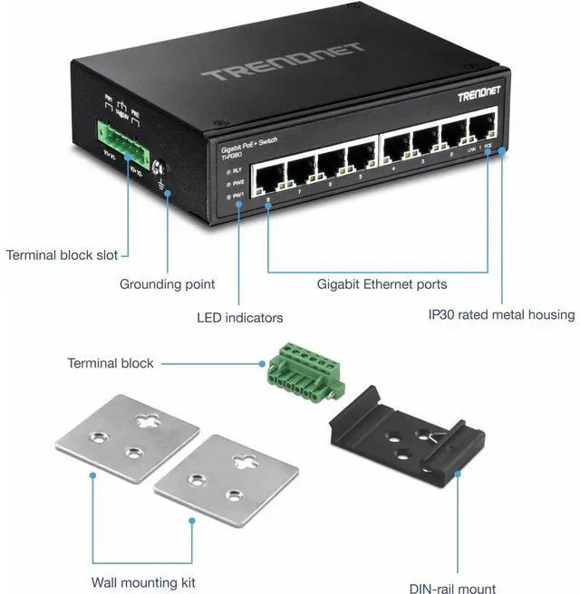 Alt view image 5 of 5 - TRENDnet 8-Port Industrial Gigabit PoE+ DIN-Rail Switch, TI-PG80, 8 x Gigabit PoE+ Ports, 200W PoE Power Budget, 16Gbps Switching Capacity, NDAA TAA Compliant, Lifetime Protection
