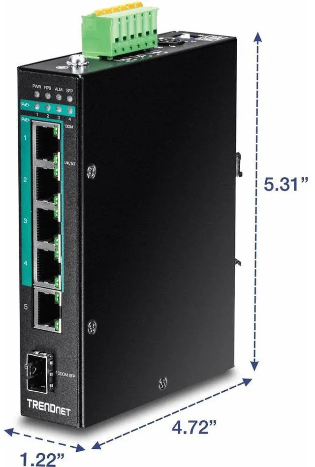 Alt view image 5 of 10 - TRENDnet 6-Port Hardened Industrial Gigabit Poe+ Layer 2 Managed DIN-Rail Switch, 4 x Gigabit PoE+ 802.3at Ports, 1 x Gigabit Port, 1 x Gigabit SFP Slot, 120W Power Budget, Black, TI-PG541i