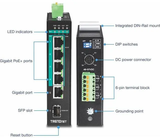 Alt view image 6 of 10 - TRENDnet 6-Port Hardened Industrial Gigabit Poe+ Layer 2 Managed DIN-Rail Switch, 4 x Gigabit PoE+ 802.3at Ports, 1 x Gigabit Port, 1 x Gigabit SFP Slot, 120W Power Budget, Black, TI-PG541i