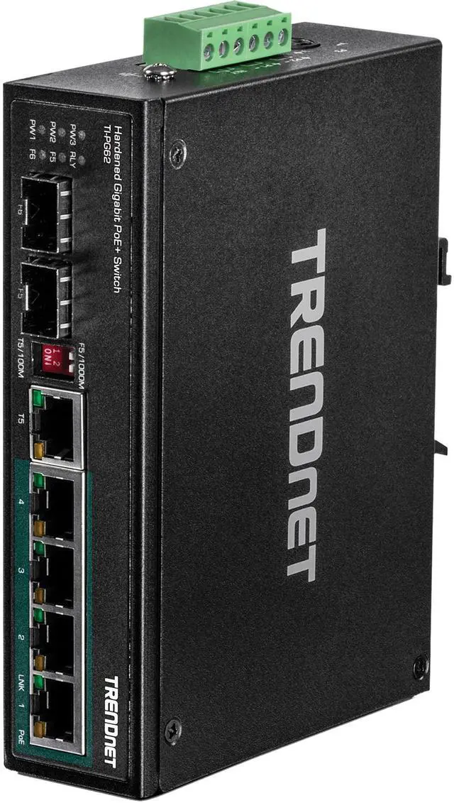 Main image of TRENDnet 6-Port Hardened Industrial Gigabit PoE+ DIN-Rail Switch, 4 x Gigabit PoE+ Ports, Shared Gigabit Port (RJ-45/SFP), Dedicated SFP, 120W Power Budget, IP30, Black, TI-PG62