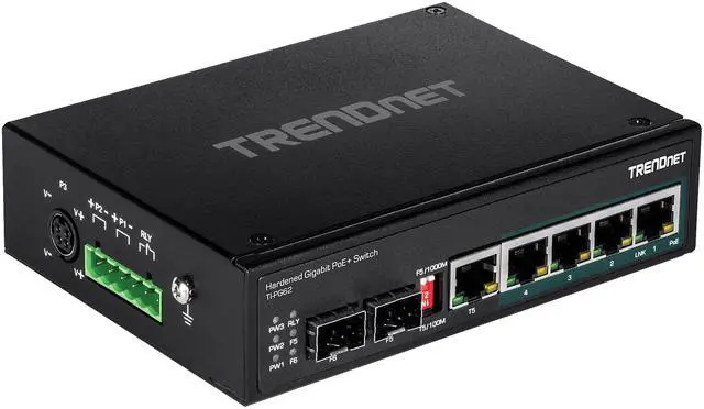 Alt view image 8 of 10 - TRENDnet 6-Port Hardened Industrial Gigabit PoE+ DIN-Rail Switch, 4 x Gigabit PoE+ Ports, Shared Gigabit Port (RJ-45/SFP), Dedicated SFP, 120W Power Budget, IP30, Black, TI-PG62