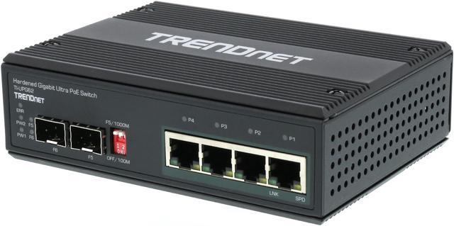 TRENDnet 6-Port Hardened Industrial Gigabit 10/100/1000 Mbps Ultra PoE  DIN-Rail Switch, UPoE, IP30, DIN-Rail & Wall Mounts Included, TI-UPG62