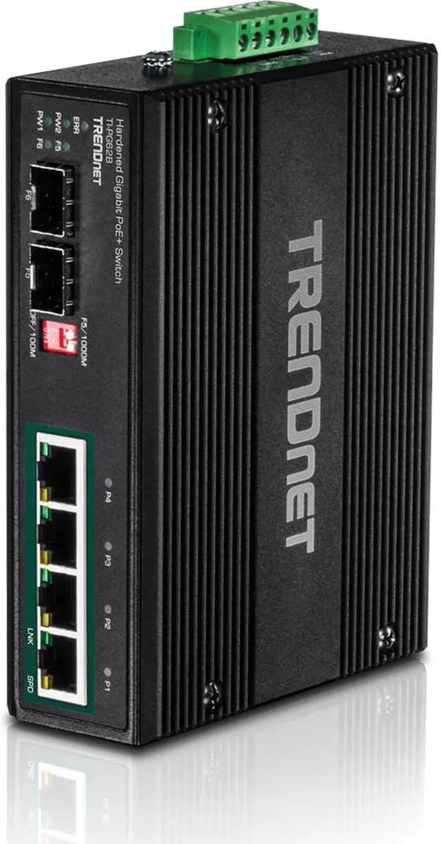 Main image of TRENDnet 6-Port Hardened Industrial Unmanaged Gigabit 10/100/1000Mbps DIN-Rail Switch, 4 x Gigabit PoE+ Ports, 2 x Dedicated SFP Slots, TI-PG62B