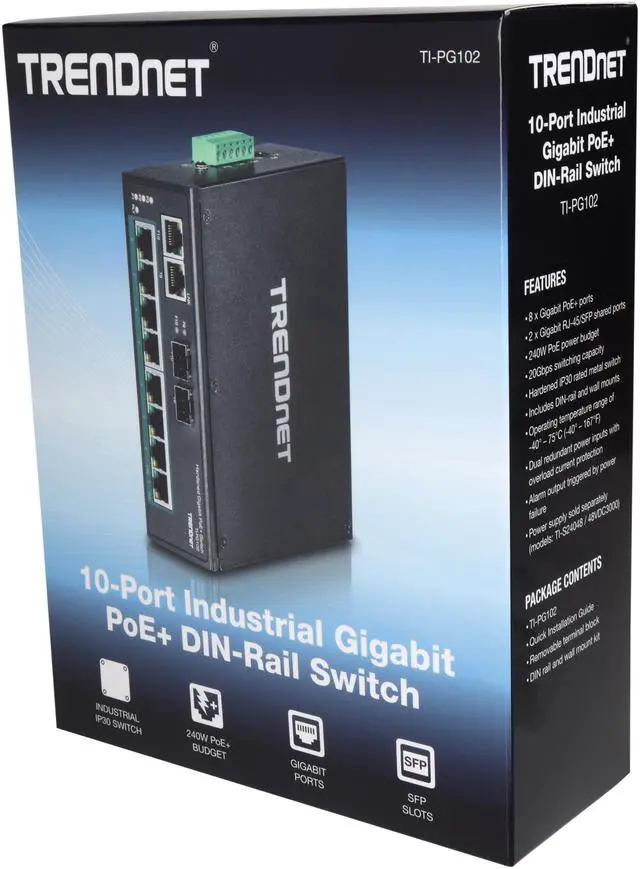 Alt view image 7 of 7 - TRENDnet 10-Port Industrial Gigabit PoE+ DIN-Rail Switch, 8 x Gigabit PoE+ Ports, DIN-Rail Mount, 2 x SFP Slots, 240W PoE Power Budget, Network Switch, IP30, QoS, Black, TI-PG102