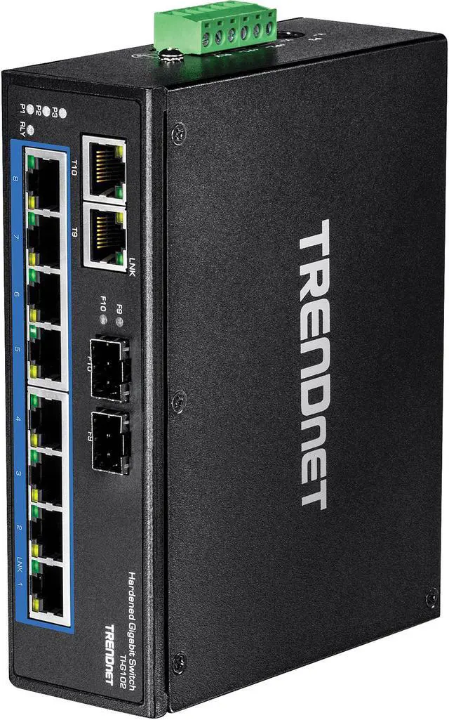 Main image of TRENDnet 10-Port Hardened Industrial Gigabit DIN-Rail Switch, 20Gbps Switching Capacity, DIN-Rail And Wall Mounts Included, Dual Redundant, Two RJ-45/SFP Ports, Lifetime Protection, Black, TI-G102
