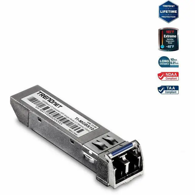 Main image of TRENDnet SFP to RJ45 Industrial Single-Mode LC Module (10km) 1000Base-LX Industrial SFP, Compliant with IEEE 802.3z Gigabit Ethernet, Data Rates of up to 1.25Gbps, Lifetime Protection, TI-MGBS10