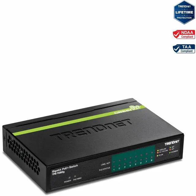 Main image of TRENDnet 8-Port GREENnet Gigabit PoE+ Switch, Supports PoE And PoE+ Devices, 61W PoE Budget, 16Gbps Switching Capacity, Data & Power Via Ethernet To PoE Access Points & IP Cameras, Black, TPE-TG82G