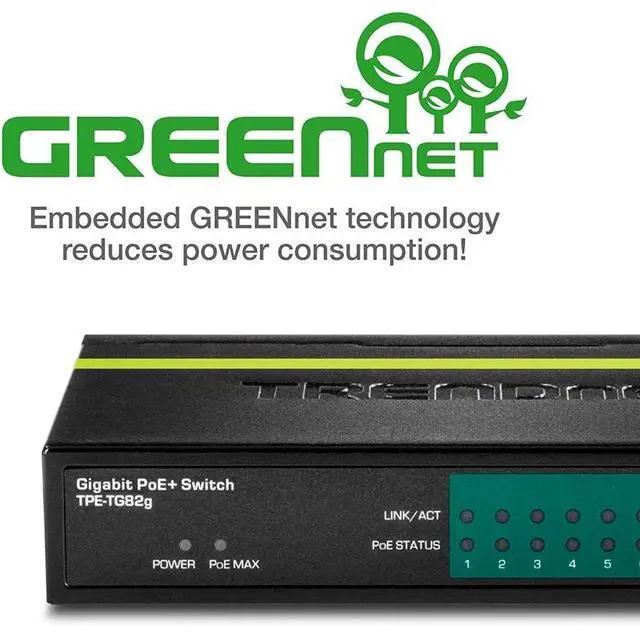 Alt view image 11 of 11 - TRENDnet 8-Port GREENnet Gigabit PoE+ Switch, Supports PoE And PoE+ Devices, 61W PoE Budget, 16Gbps Switching Capacity, Data & Power Via Ethernet To PoE Access Points & IP Cameras, Black, TPE-TG82G