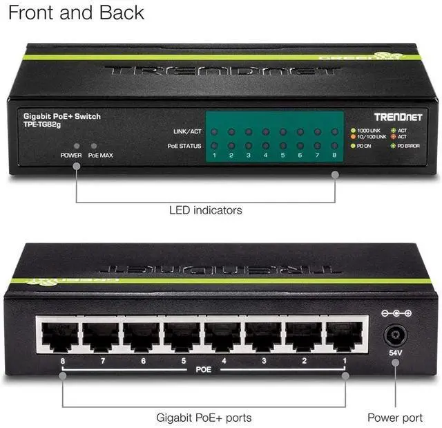 Alt view image 9 of 11 - TRENDnet 8-Port GREENnet Gigabit PoE+ Switch, Supports PoE And PoE+ Devices, 61W PoE Budget, 16Gbps Switching Capacity, Data & Power Via Ethernet To PoE Access Points & IP Cameras, Black, TPE-TG82G
