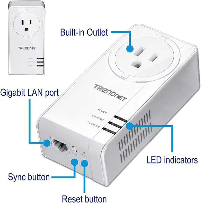 Alt view image 3 of 4 - TRENDnet Powerline 1300 AV2 Adapter With Built-in Outlet Adapter Kit, Includes 2 x TPL-423E Adapters, IEEE 1905.1 & IEEE 1901, Gigabit Port, Range Up To 300m (984 ft), White, TPL-423E2K