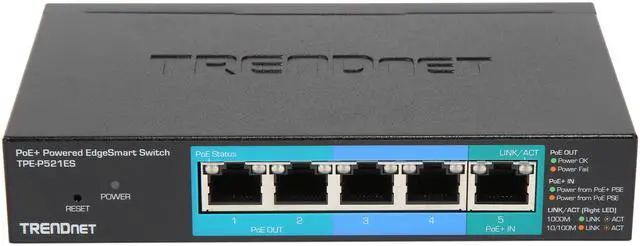 Alt view image 2 of 6 - TRENDnet 5-Port Gigabit PoE+ Powered EdgeSmart Switch With PoE Pass Through, 18W PoE Budget, 10Gbps Switching Capacity, Managed Switch, Wall-Mountable, Black, TPE-P521ES